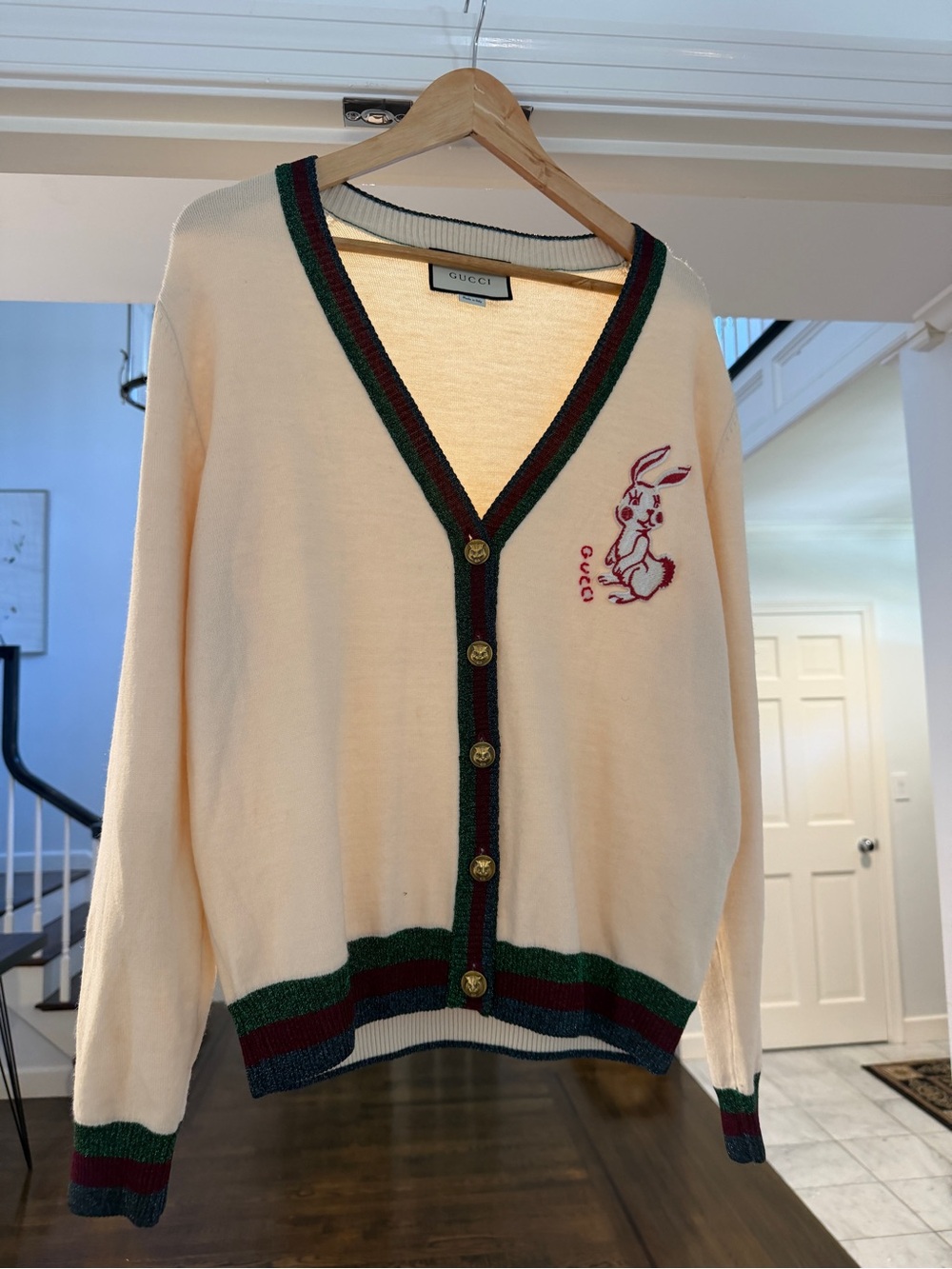 Gucci Cream Cardigan with Green & Red Stripe and Pink Bunny